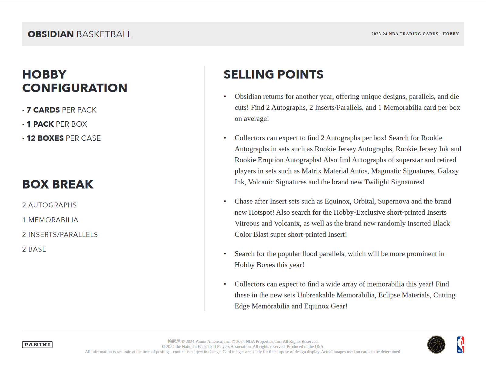 2023-24 Panini Obsidian Basketball Hobby Box
